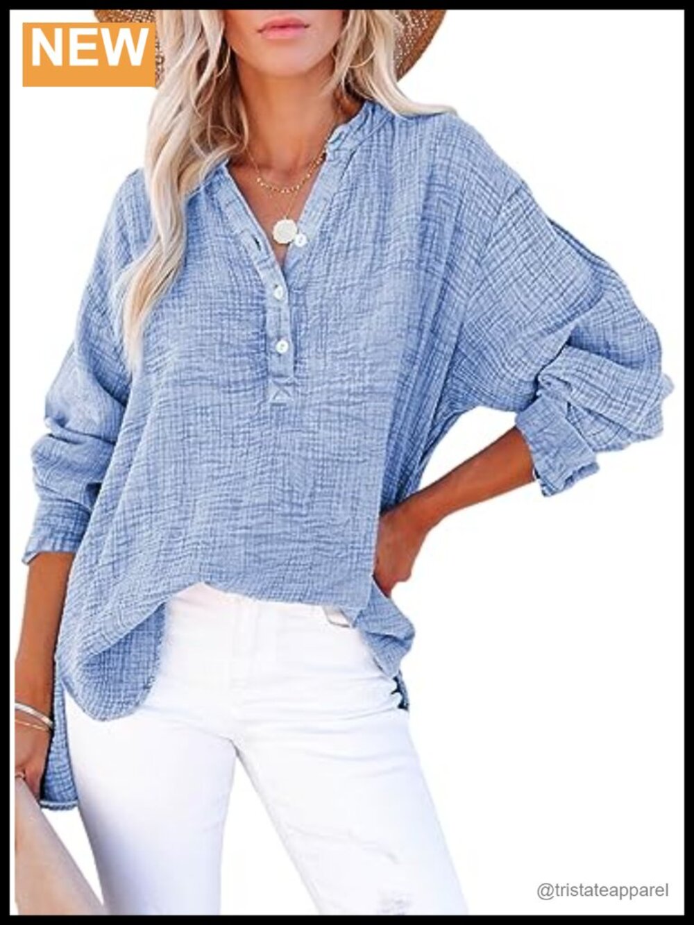 Women's Casual V Neck Long Sleeve Cotton Blouse Button Front